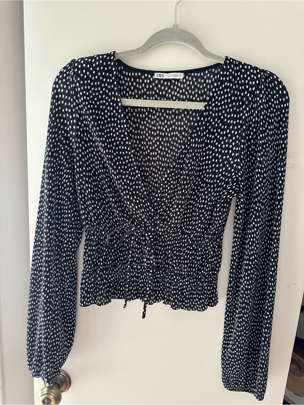 Zara Black with White Dot Surplice Drawstring Blouse